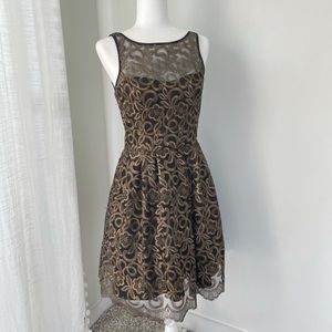 Aidan Mattox Black Gold Floral Lack Cocktail Dress